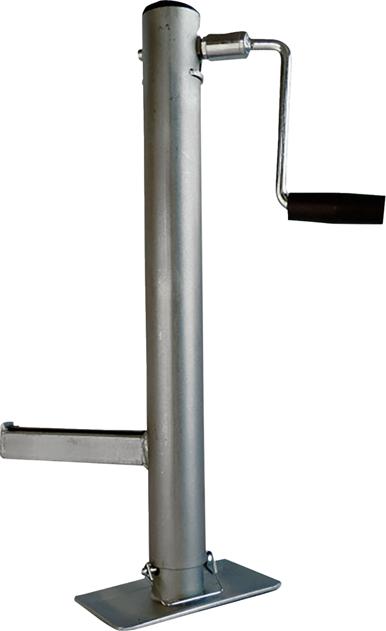 A silver metal trailer jack with a vertical cylindrical body, a black horizontal handle attached to a crank, a flat rectangular base for stability, and a side bracket for mounting. The background is plain and white.