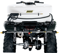 Rear view of an ATV with a mounted white Moose Utility Division sprayer tank, black hose and nozzle, and spray boom attached to the back rack. The sprayer setup includes a visible pump and spray wands, and the ATV features rugged tires.