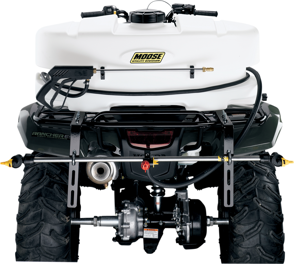 Rear view of an ATV with a mounted white Moose Utility Division sprayer tank, black hose and nozzle, and spray boom attached to the back rack. The sprayer setup includes a visible pump and spray wands, and the ATV features rugged tires.
