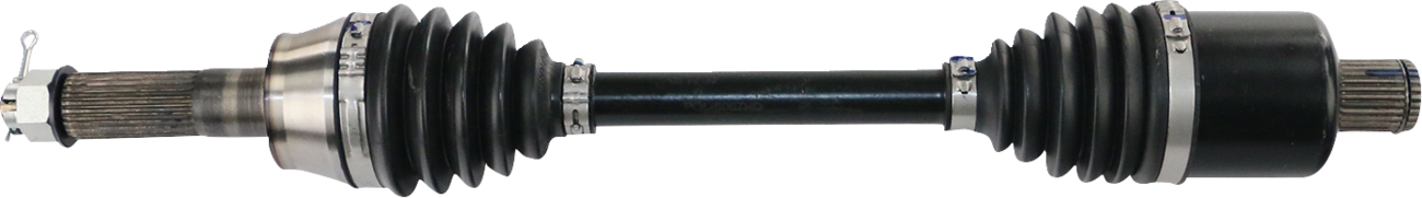 A car’s CV axle, featuring two metal shafts connected by a central black bar. Both ends have accordion-style black rubber boots, metal bands, and exposed splined tips for attachment. The image is set against a plain, light background.