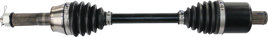 A car axle shaft with black rubber boots covering joints at both ends, metal clamps securing the boots, and exposed splined shafts on each side for connecting to other drivetrain components. The central shaft is metallic and coated in black.