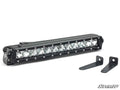 A black, rectangular 12 LED Single-Row Light Bar with 12 bulbs and a metal frame is pictured next to two black L-shaped mounting brackets. The SuperATV logo appears in the lower right on a white background.