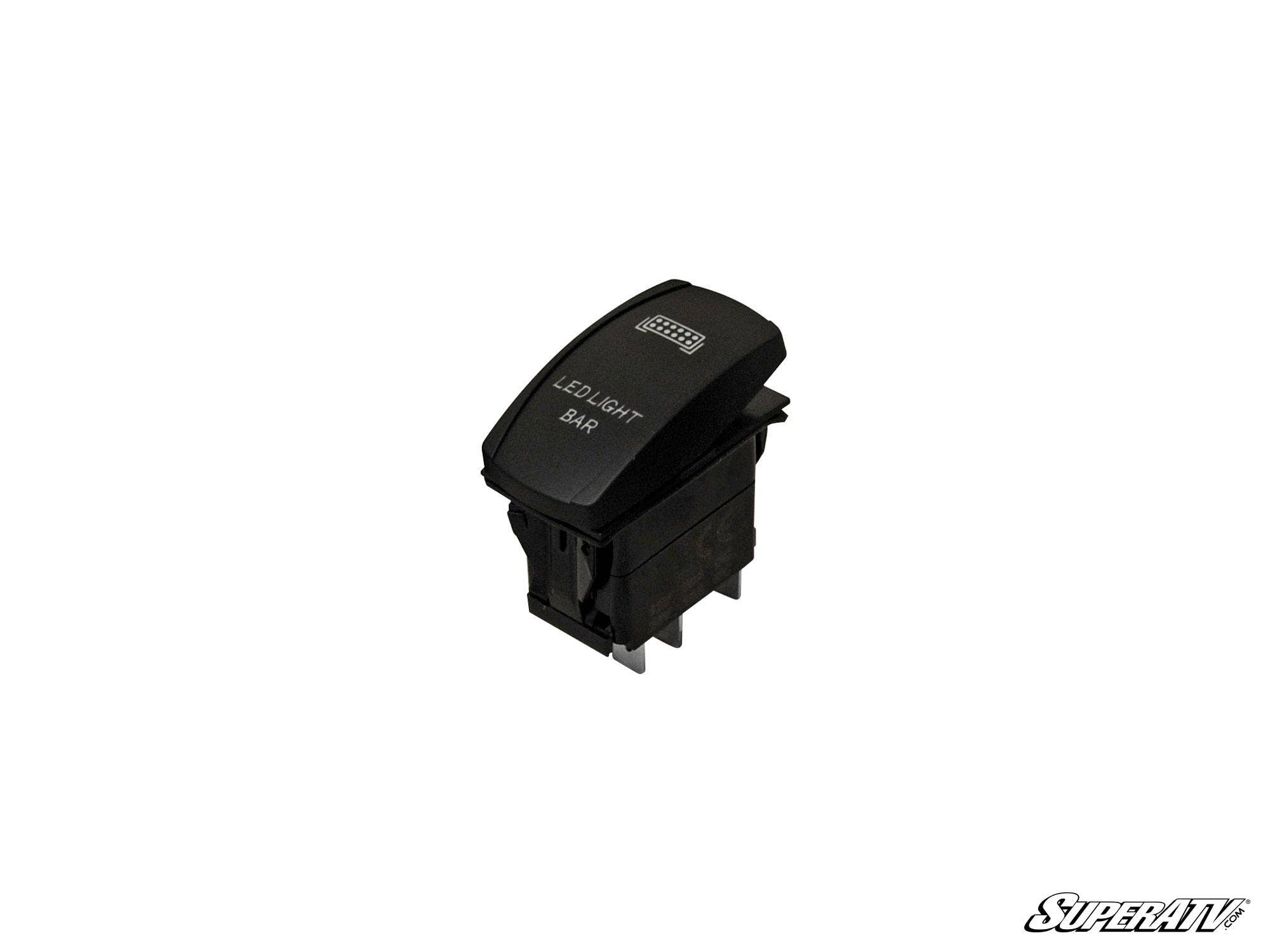 A black rectangular 12V / 20A Off-Road Rocker Switch labeled LED LIGHT BAR with a light bar icon above the text, set on a white background. The SuperATV logo appears in stylized black text in the bottom right corner.