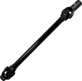 A black metal automotive driveshaft with universal joints on both ends, positioned diagonally on a plain white background. The driveshaft is cylindrical and features bolt holes and yokes for attachment, illustrating its robust, industrial design.