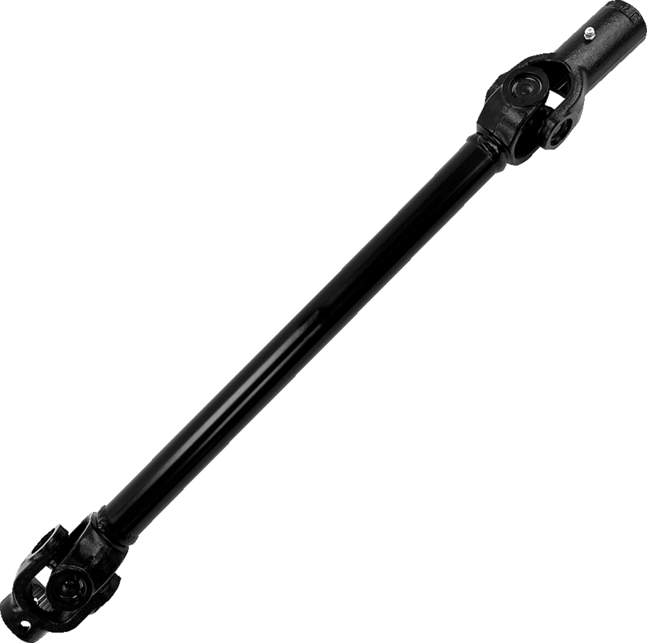 A black metal automotive driveshaft with universal joints on both ends, positioned diagonally on a plain white background. The driveshaft is cylindrical and features bolt holes and yokes for attachment, illustrating its robust, industrial design.
