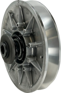 A close-up view of a metallic, circular mechanical component with a central black hub, radial spokes, and a shiny outer rim, possibly a clutch or pulley part for automotive or industrial machinery. The image is well-lit, showing its texture and details.