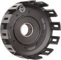 A black metal motorcycle clutch basket with multiple rectangular cutouts around the edge, a central circular hole, and white alphanumeric markings including YZ250F and 1132-1313 visible on the outer and inner surfaces.