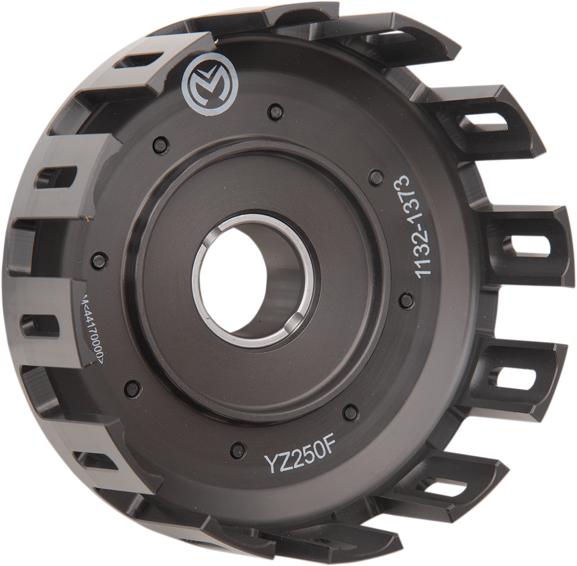 A black metal motorcycle clutch basket with multiple rectangular cutouts around the edge, a central circular hole, and white alphanumeric markings including YZ250F and 1132-1313 visible on the outer and inner surfaces.