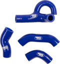 Four blue, glossy silicone hoses with “SAMCO Sport” logos are shown. Each hose has a different shape, including straight, curved, and branched forms, designed for automotive use. The background is white, highlighting the hoses vibrant blue color.