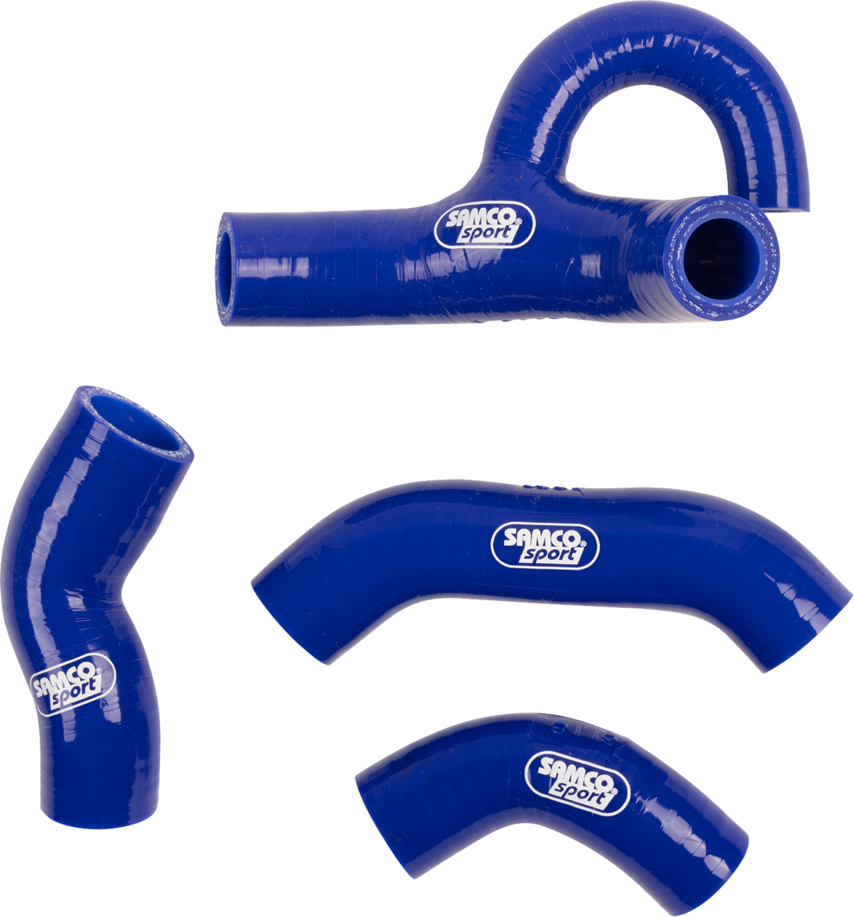 Four blue, glossy silicone hoses with “SAMCO Sport” logos are shown. Each hose has a different shape, including straight, curved, and branched forms, designed for automotive use. The background is white, highlighting the hoses vibrant blue color.
