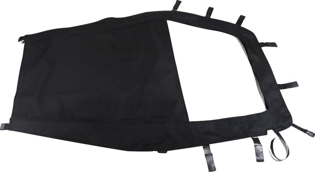 A black fabric cover with a triangular shape, reinforced edges, and multiple adjustable straps and buckles attached around the perimeter, displayed on a white background. The cover has one open section along the edge.