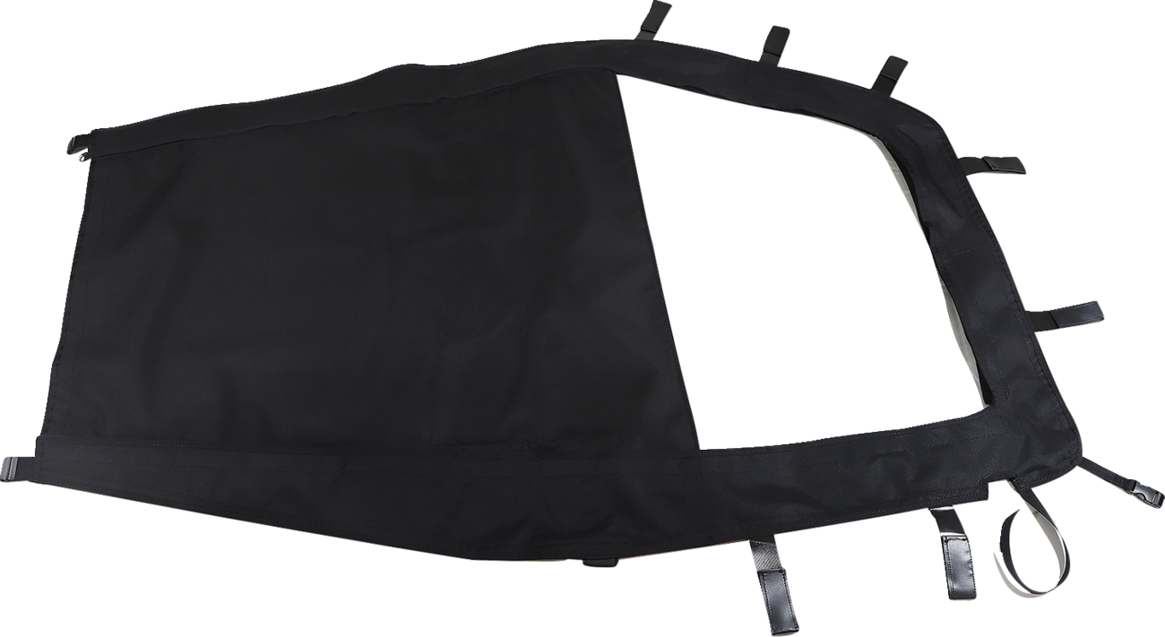 A black fabric cover with a triangular shape, reinforced edges, and multiple adjustable straps and buckles attached around the perimeter, displayed on a white background. The cover has one open section along the edge.