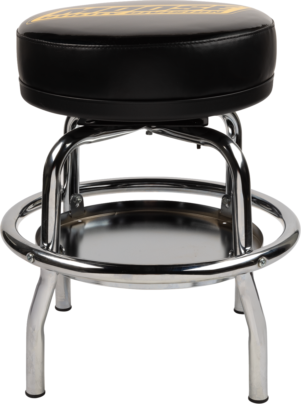 A black, round cushioned stool with chrome legs and a circular footrest. The seat has yellow text on top, partially visible. The stool has a modern, shiny metal frame and a sturdy, industrial appearance. The background is plain white.