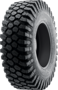 A large black off-road tire with deep, aggressive tread patterns, wide sidewalls, and a rugged design, positioned vertically against a plain white background. The tire appears new and unused.