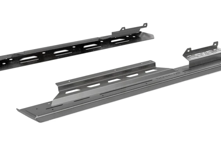 The image shows two black Ranger 1500 XD Nerf Rails with flanged edges, elongated slots, and angled brackets on a white background—designed for mounting or supporting equipment in a rack or shelving system.