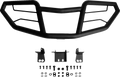 A black ATV front bumper guard is displayed above three metal mounting brackets and an arrangement of bolts, washers, and screws, all evenly spread out on a plain white background.