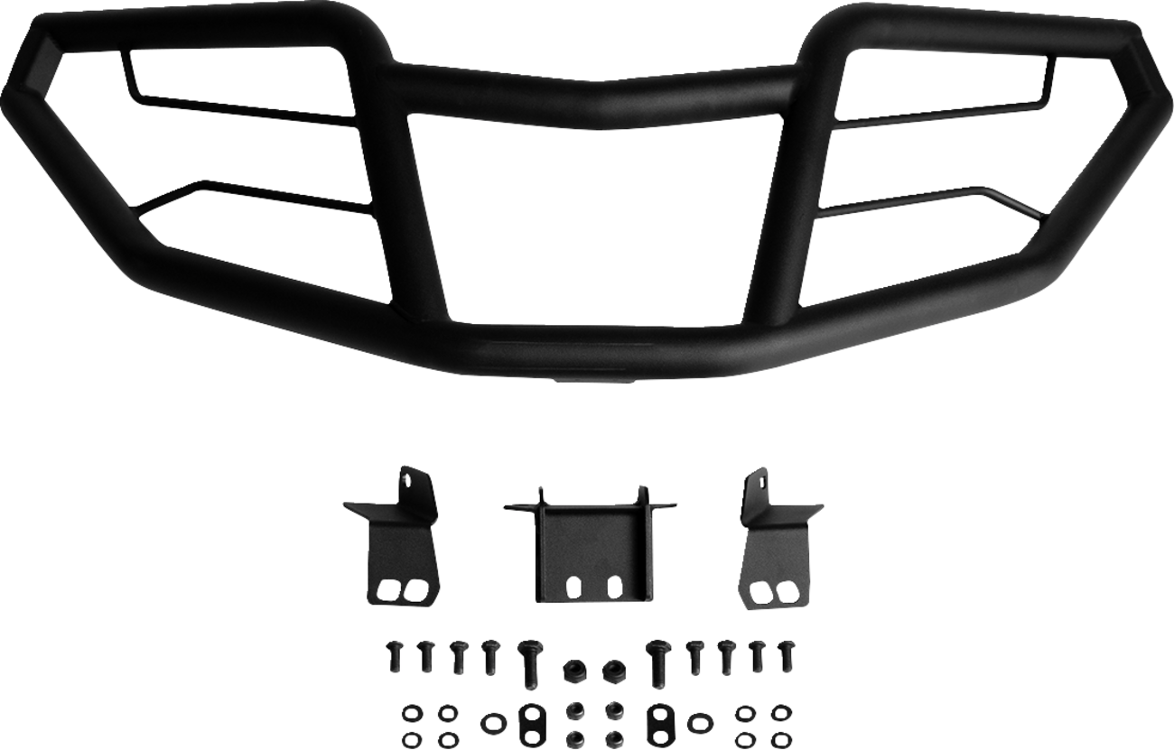 A black ATV front bumper guard is displayed above three metal mounting brackets and an arrangement of bolts, washers, and screws, all evenly spread out on a plain white background.