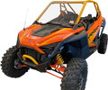 A bright orange and yellow off-road ATV with large, rugged tires, open cabin, two seats, and protective roll cage. Black accents on the body, yellow suspension springs visible, and an aggressive, angular front design. The vehicle sits on a white backgroun