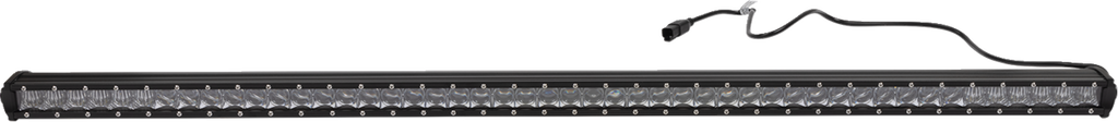 A long, rectangular LED light bar with a black frame and a clear lens covering rows of small LED bulbs. A black power cable with a connector extends from the top right corner of the light bar. The background is plain white.