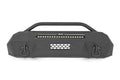 The Rough Country Hybrid Front Bumper for Toyota Tacoma (16-23) features an angular matte black design with a 20 DRL LED light bar, honeycomb mesh vent, D-ring shackles, and a tubular grille guard for rugged, heavy-duty use.