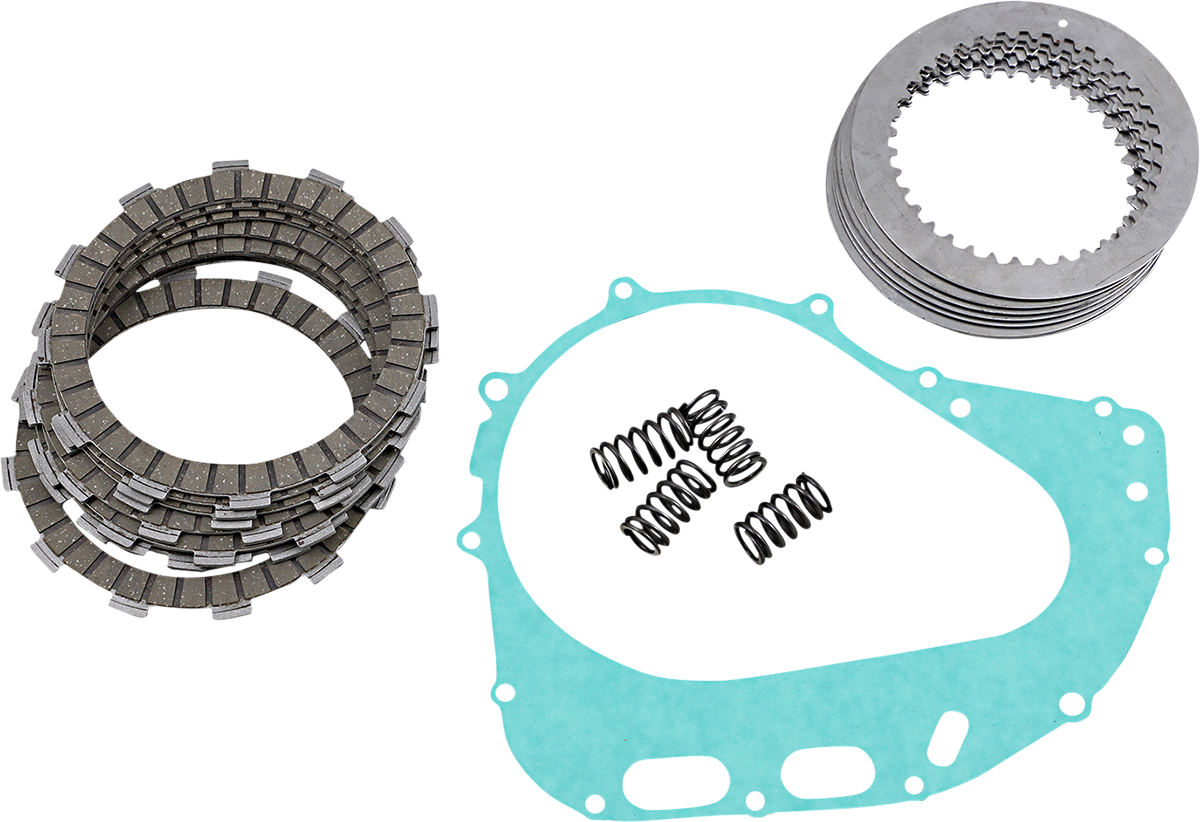A motorcycle clutch kit with friction plates, steel plates, coiled springs, and a teal gasket, all neatly arranged on a white background. The friction and steel plates are stacked, and the small springs and flat gasket are placed separately.