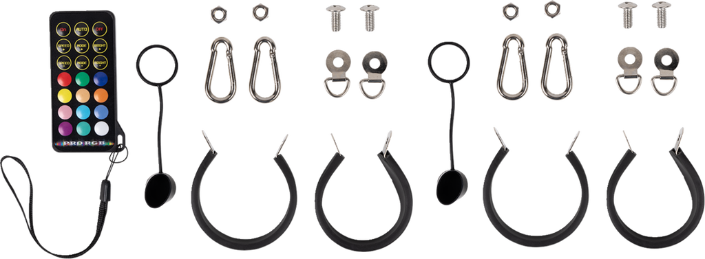 A set of hardware components including a remote control, four black rubber rings with cords and suction cups, four metal carabiners, four screw-on mounting brackets, four bolts, and four nuts, all arranged neatly on a white background.
