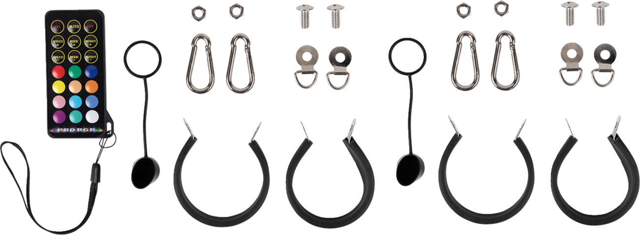 A set of hardware components including a remote control, four black rubber rings with cords and suction cups, four metal carabiners, four screw-on mounting brackets, four bolts, and four nuts, all arranged neatly on a white background.