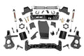 The 7 Inch Lift Kit | Cast Steel | V2 for Chevy/GMC 1500 (14-18) is displayed on a white background, featuring black metal brackets, shocks, spacers, knuckles, skid plate, bolts, nuts, washers, and organized installation hardware.