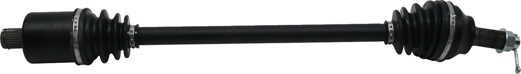 A black automotive drive shaft with rubber boots and metal clamps at both ends, showing the shaft’s cylindrical, symmetrical structure designed for transmitting torque in vehicles. The background is plain and light gray.