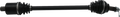 A black automotive drive shaft with rubber CV joint boots at both ends, exposed metal splines on the left, and a metallic fitting with a tag on the right, set against a white background.
