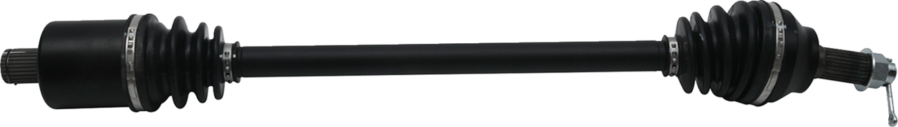 A black automotive drive shaft with rubber CV joint boots at both ends, exposed metal splines on the left, and a metallic fitting with a tag on the right, set against a white background.