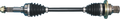 A metal automotive drive shaft with two flexible rubber boots on each end, surrounded by silver bands, and flanked by threaded ends with visible splines and bolts. The part is placed against a plain, light background.