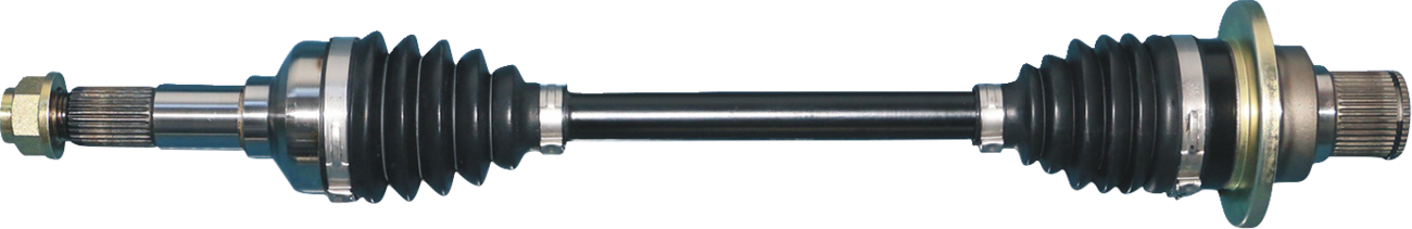 A metal automotive drive shaft with two flexible rubber boots on each end, surrounded by silver bands, and flanked by threaded ends with visible splines and bolts. The part is placed against a plain, light background.
