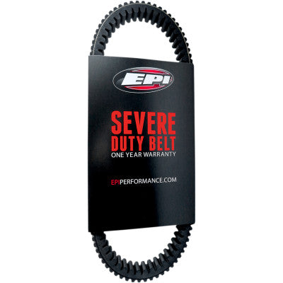 A black, ribbed Can Am Maverick/Commander/Outlander/Renegade Severe Duty Drive Belt is looped around black “EPI” packaging with bold red “SEVERE DUTY BELT ONE YEAR WARRANTY” text and epiperformance.com at the bottom.