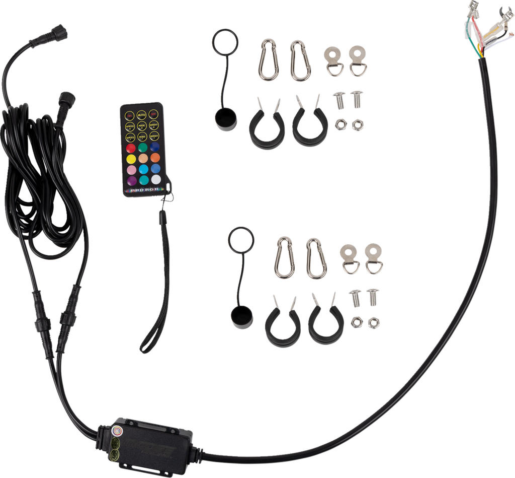 A hanging black cable kit with a power supply, remote control, long cord, rubber rings, carabiners, screw hardware, and circular grommets, all arranged neatly on a white background. The cable ends in exposed colored wires.