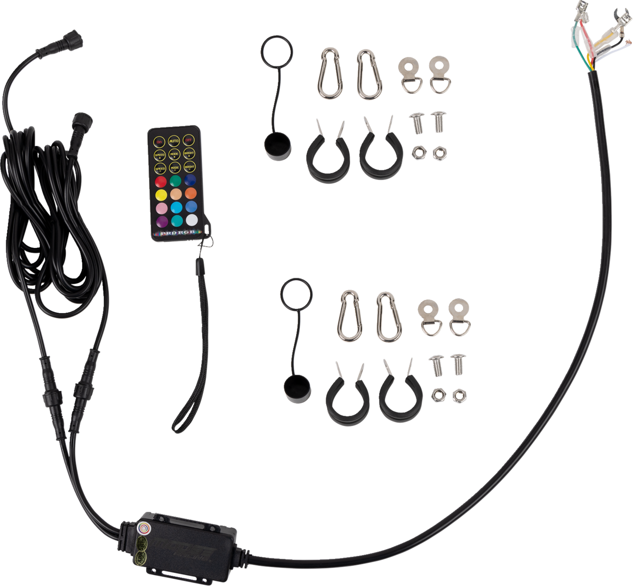 A hanging black cable kit with a power supply, remote control, long cord, rubber rings, carabiners, screw hardware, and circular grommets, all arranged neatly on a white background. The cable ends in exposed colored wires.