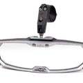 The Halo-Ra Cast Rearview Mirror features a clear lens with a silver cast aluminum bezel and mounts on a black adjustable bracket with a clamp for 1.75 round tube, ideal for boats or off-road vehicles. The “Halo” brand is displayed on the frame.