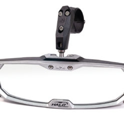 The Halo-Ra Cast Rearview Mirror features a clear lens with a silver cast aluminum bezel and mounts on a black adjustable bracket with a clamp for 1.75 round tube, ideal for boats or off-road vehicles. The “Halo” brand is displayed on the frame.