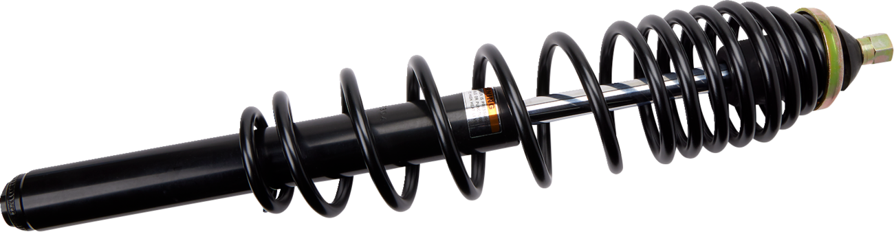 A black automotive shock absorber with a coiled metal spring wrapped around it, featuring a shiny piston rod and metallic fittings at one end. The component is set against a plain white background.