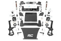 The 6 Inch Lift Kit | V2 for GMC Sierra 1500 (2019-2023) includes black metal suspension lift parts, custom brackets, bolts, spacers, two large RC-logo plates, and silver Rough Country V2 shock absorbers—everything you need to upgrade.