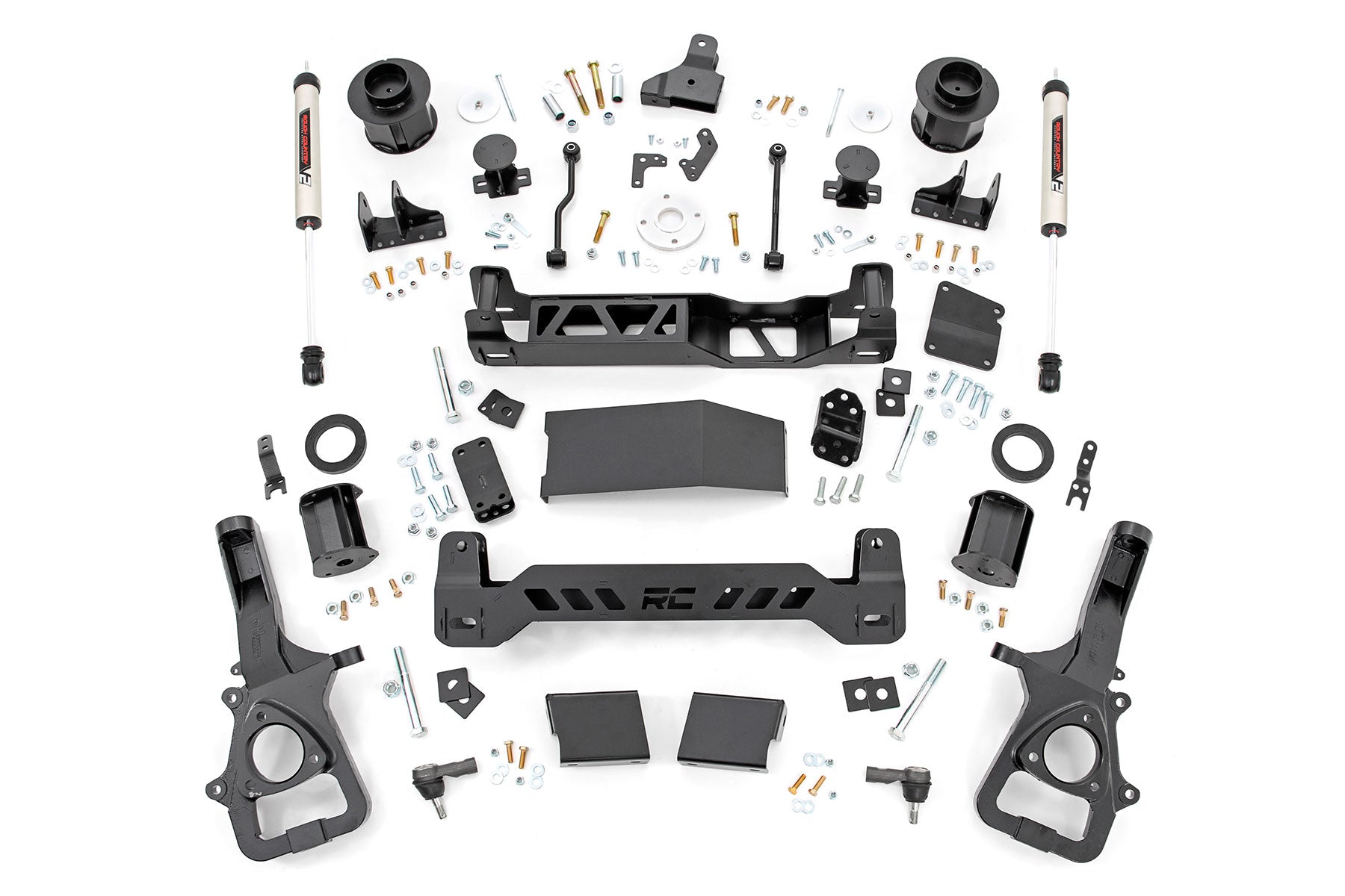 The 6 Inch Lift Kit | 22XL | V2 for Ram 1500 4WD (2019-2023) features black suspension brackets, control arms, shock absorbers, spacers, bolts, washers, and hardware—shown arranged on a white background for easy installation reference.