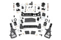 The 6 Inch Lift Kit | V2 | Ram 1500 4WD (2019-2023) is displayed on a white surface, featuring black crossmembers, heavy-duty knuckles, shocks, strut spacers, bolts, brackets, and hardware in a symmetrical top-down layout.