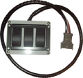 A rectangular electrical switch box with three black rocker switches is attached to a thick black cable, which is coiled around the box. The cable ends with a gray connector that has exposed colored wires.