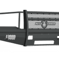The 1999-2007 Ford F250 Vaquero Front Non-Winch Bumper Full Guard in textured black features a heavy-duty, matte finish with mesh panels, angular lines, a solid lower section, perforated grille, and central logo for strong front-end protection.
