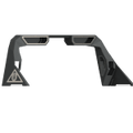 The Ring Raw Steel Road Armor Identity Headache Rack for 1999-2021 Ford F-250 features a black, angular frame with geometric cutouts, a triangular logo, wide legs, and dual 10 center light pods with a third brake lamp relief. Transparent background.