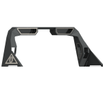 The Ring Raw Steel Road Armor Identity Headache Rack for 1999-2021 Ford F-250 features a black, angular frame with geometric cutouts, a triangular logo, wide legs, and dual 10 center light pods with a third brake lamp relief. Transparent background.