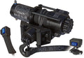 A black Stealth 3500 Winch with a coiled cable, hook, and KFI WINCH strap is mounted on a base. Nearby are wireless and wired IN/OUT remotes.