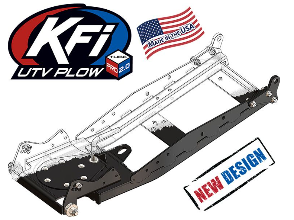 Diagram of the metal Pro 2.0 UTV Push Tubes frame features KFI UTV Plow and Tube Pro 2.0 logos, an American flag with Made in the USA, and a New Design stamp to highlight its features and American origin.
