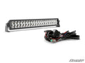 A 20 Straight Double-Row Light Bar with circular LEDs in a black metal housing is shown beside a coiled wiring harness with connectors and switch, all on a white background with the SuperATV logo at the bottom right.