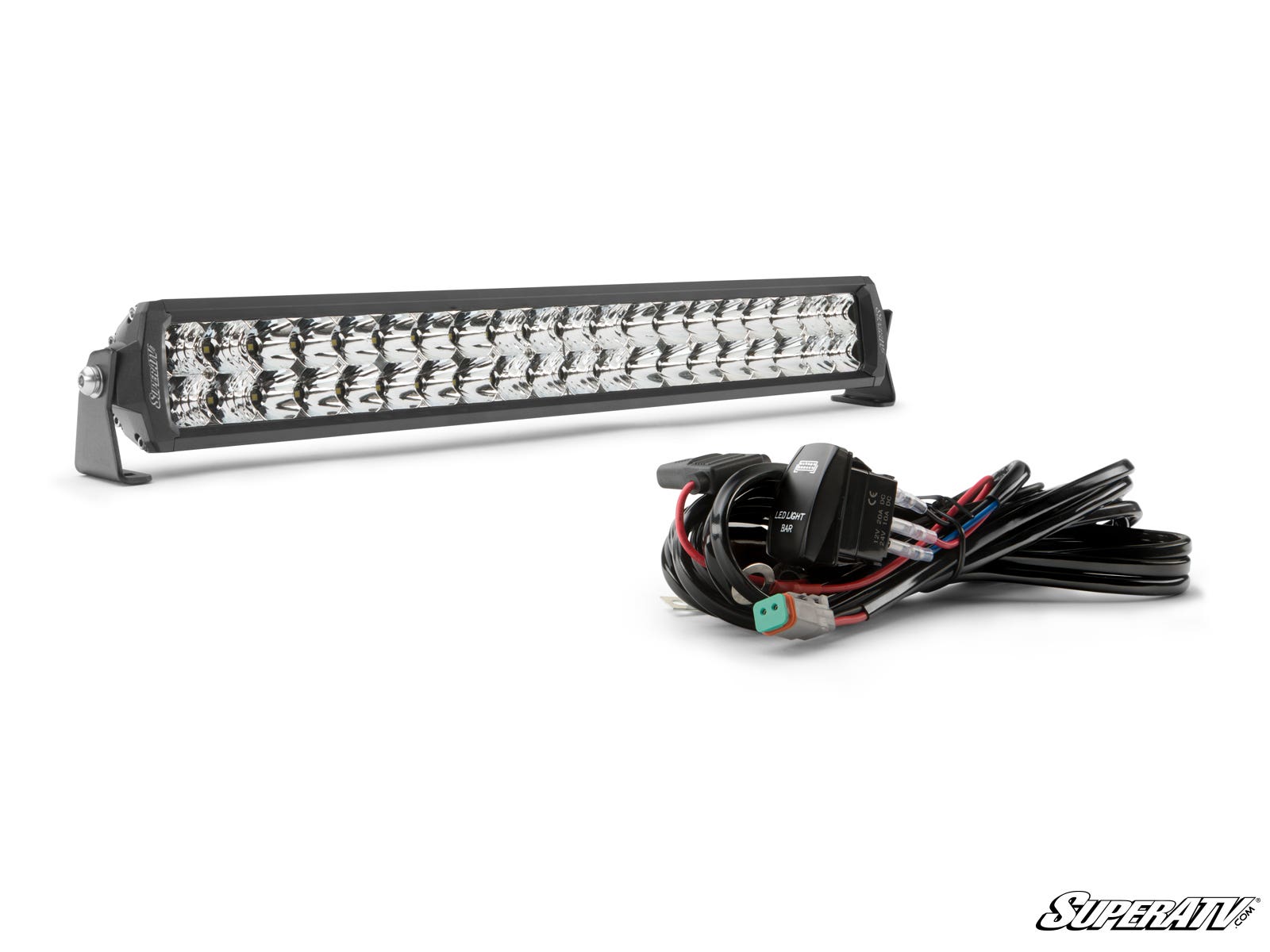 A 20 Straight Double-Row Light Bar with circular LEDs in a black metal housing is shown beside a coiled wiring harness with connectors and switch, all on a white background with the SuperATV logo at the bottom right.